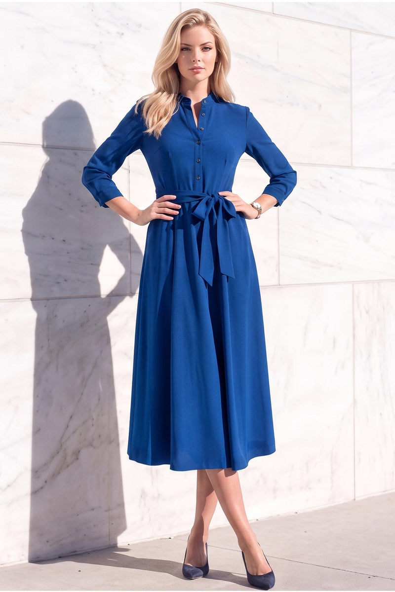 Load image into Gallery viewer, Royal Blue A-Line Lapel 3/4 Sleeves Midi Work Dress with Sash