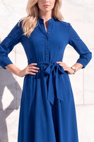 Load image into Gallery viewer, Royal Blue A-Line Lapel 3/4 Sleeves Midi Work Dress with Sash