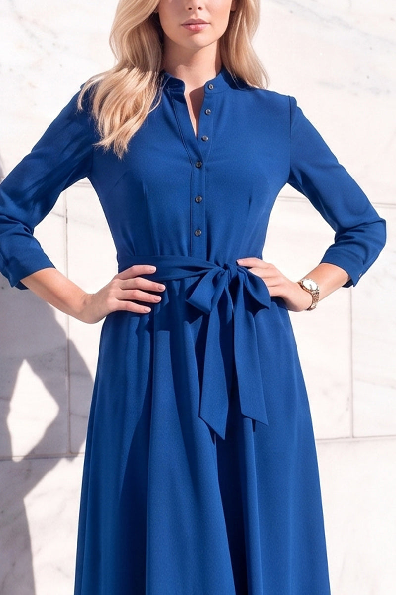 Load image into Gallery viewer, Royal Blue A-Line Lapel 3/4 Sleeves Midi Work Dress with Sash