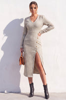 Load image into Gallery viewer, Tweed Apricot V-Neck Bodycon Single Breasted Midi Work Dress with Slit