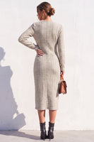Load image into Gallery viewer, Tweed Apricot V-Neck Bodycon Single Breasted Midi Work Dress with Slit