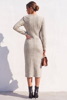 Tweed Apricot V-Neck Bodycon Single Breasted Midi Work Dress with Slit