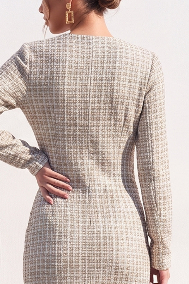 Load image into Gallery viewer, Tweed Apricot V-Neck Bodycon Single Breasted Midi Work Dress with Slit
