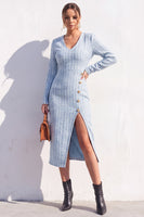 Load image into Gallery viewer, Tweed Apricot V-Neck Bodycon Single Breasted Midi Work Dress with Slit