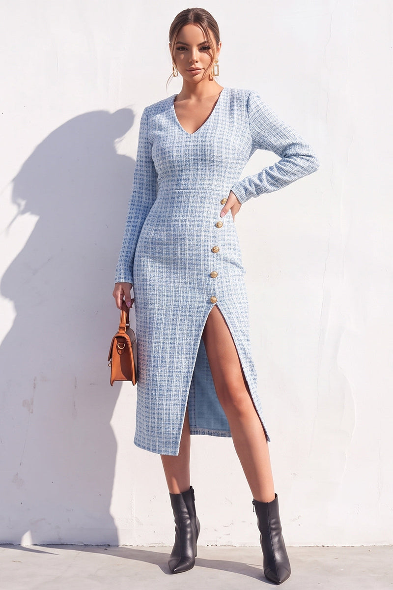 Load image into Gallery viewer, Tweed Apricot V-Neck Bodycon Single Breasted Midi Work Dress with Slit