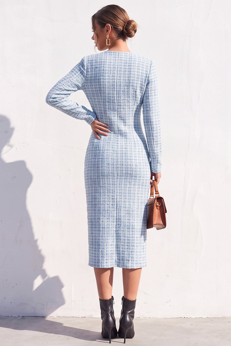 Load image into Gallery viewer, Tweed Apricot V-Neck Bodycon Single Breasted Midi Work Dress with Slit