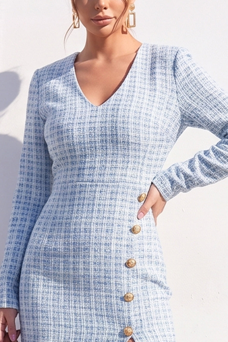 Load image into Gallery viewer, Tweed Apricot V-Neck Bodycon Single Breasted Midi Work Dress with Slit