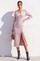 Load image into Gallery viewer, Tweed Apricot V-Neck Bodycon Single Breasted Midi Work Dress with Slit