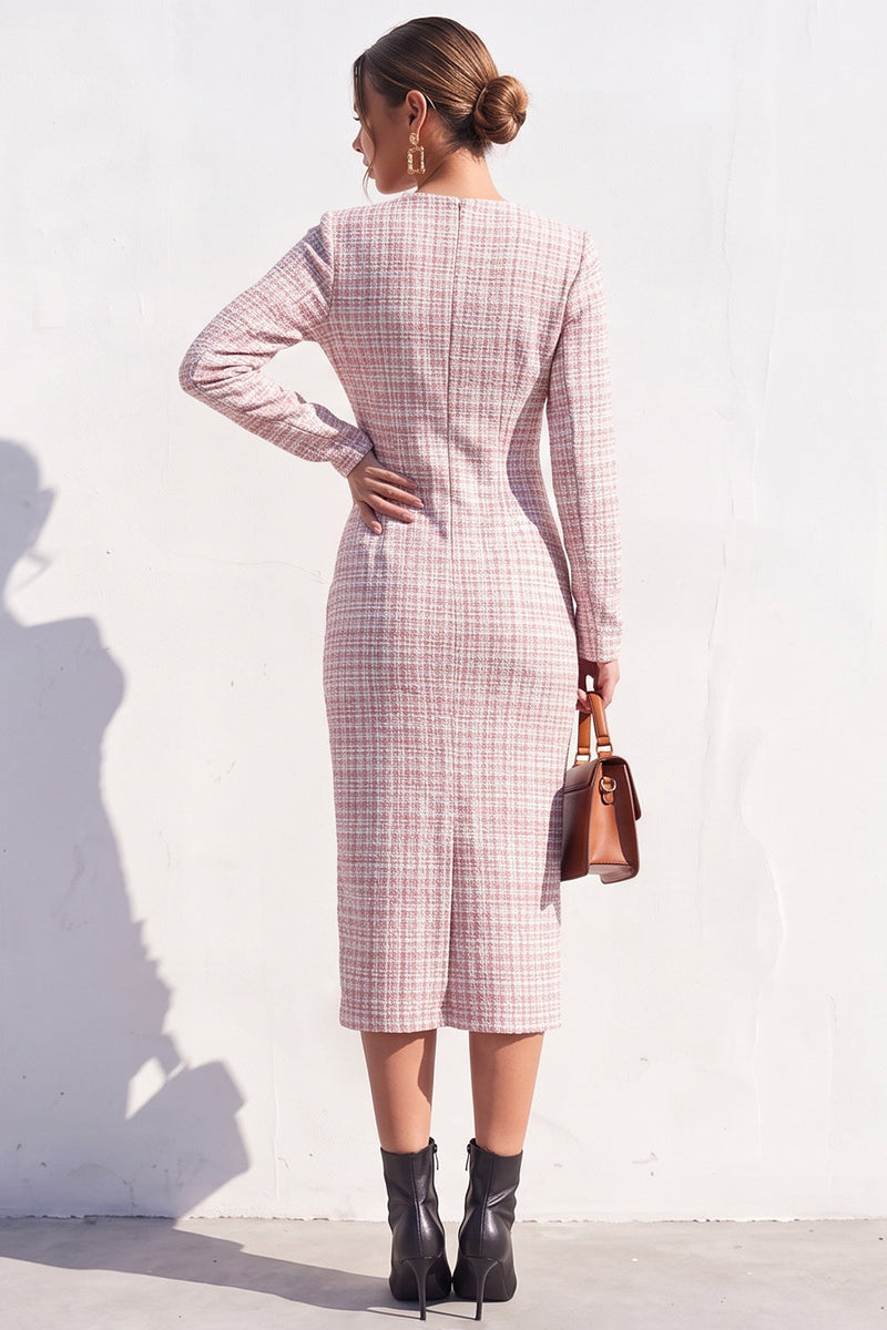 Load image into Gallery viewer, Tweed Apricot V-Neck Bodycon Single Breasted Midi Work Dress with Slit
