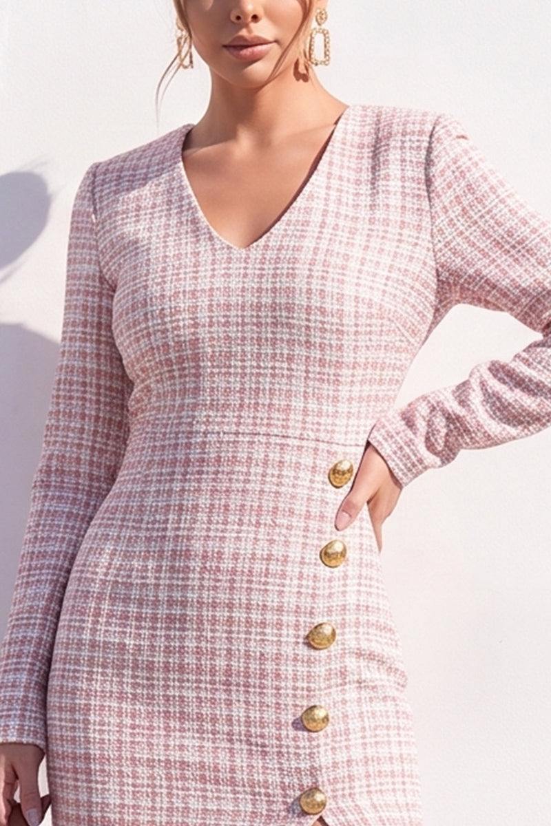 Load image into Gallery viewer, Tweed Apricot V-Neck Bodycon Single Breasted Midi Work Dress with Slit