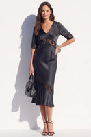 Load image into Gallery viewer, Burgundy Satin Bodycon V-Neck Midi Work Dress with Lace