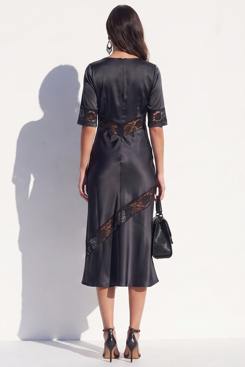 Load image into Gallery viewer, Burgundy Satin Bodycon V-Neck Midi Work Dress with Lace