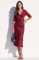 Load image into Gallery viewer, Burgundy Satin Bodycon V-Neck Midi Work Dress with Lace