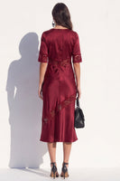 Load image into Gallery viewer, Burgundy Satin Bodycon V-Neck Midi Work Dress with Lace