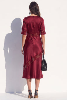 Burgundy Satin Bodycon V-Neck Midi Work Dress with Lace