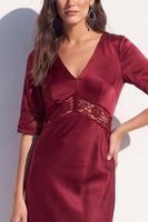 Load image into Gallery viewer, Burgundy Satin Bodycon V-Neck Midi Work Dress with Lace