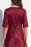 Load image into Gallery viewer, Burgundy Satin Bodycon V-Neck Midi Work Dress with Lace