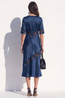 Load image into Gallery viewer, Burgundy Satin Bodycon V-Neck Midi Work Dress with Lace