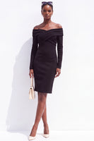 Load image into Gallery viewer, Ivory Off the Shoulder Bodycon Ruched Satin Midi Work Dress with Sleeves