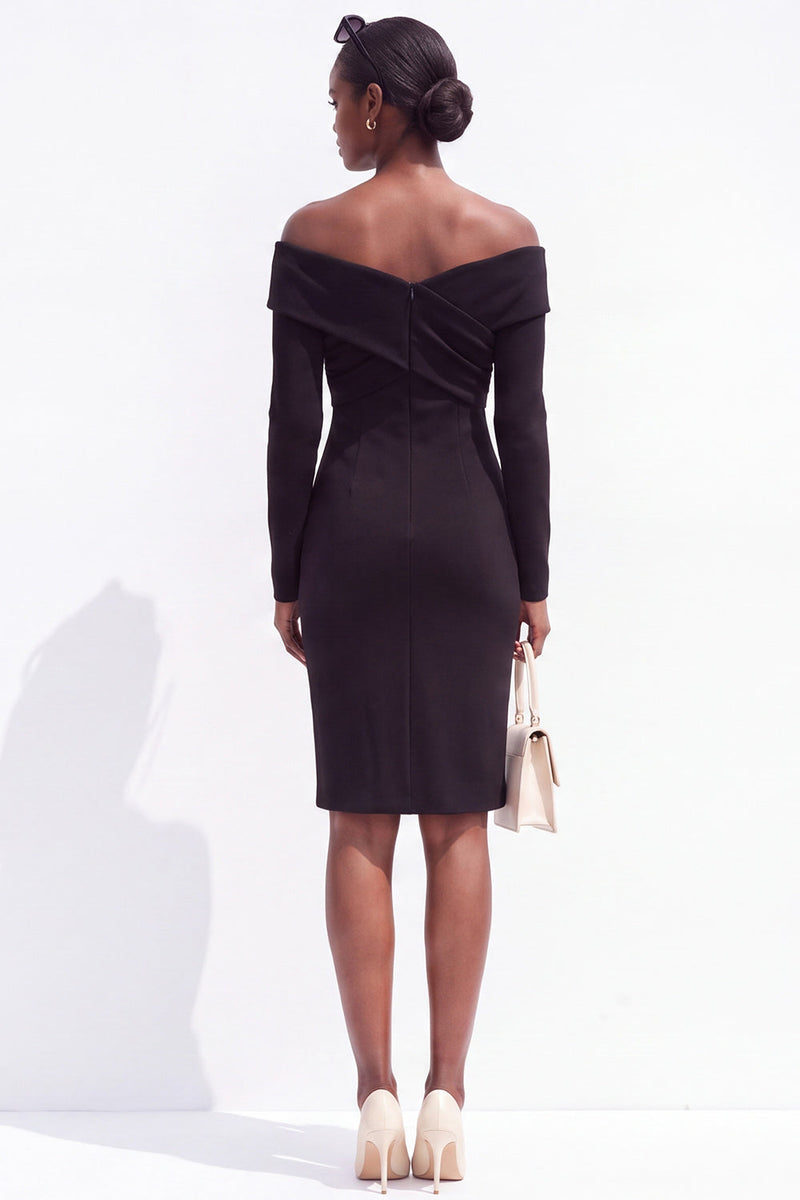 Load image into Gallery viewer, Ivory Off the Shoulder Bodycon Ruched Satin Midi Work Dress with Sleeves