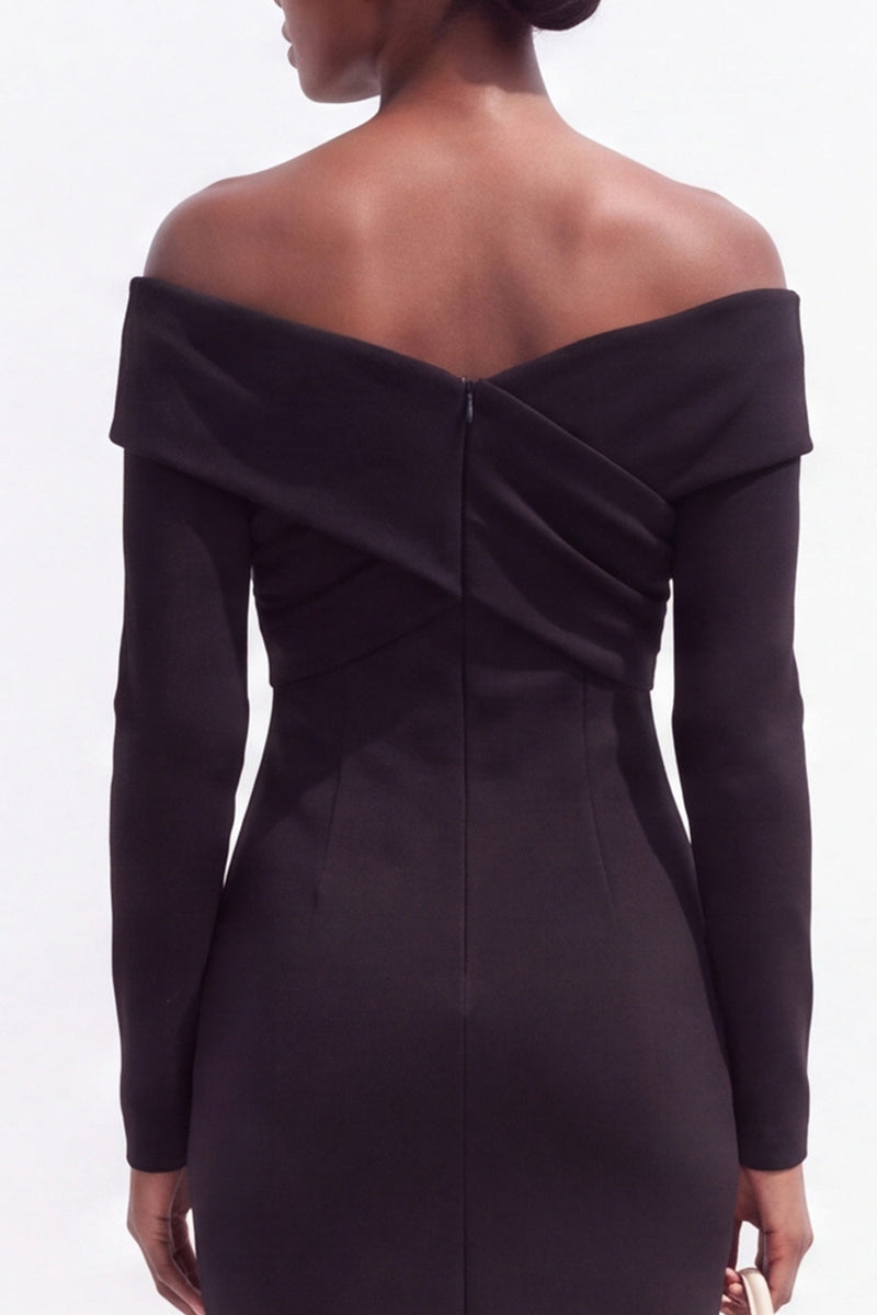 Load image into Gallery viewer, Ivory Off the Shoulder Bodycon Ruched Satin Midi Work Dress with Sleeves