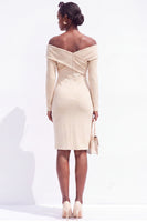 Load image into Gallery viewer, Ivory Off the Shoulder Bodycon Ruched Satin Midi Work Dress with Sleeves