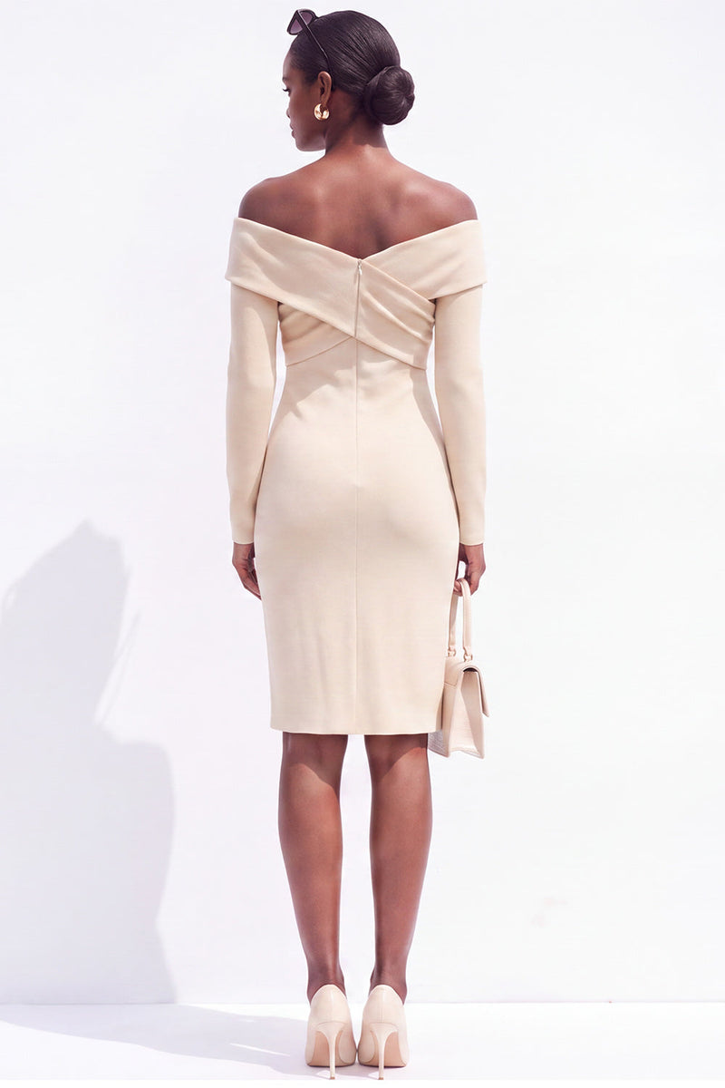 Load image into Gallery viewer, Ivory Off the Shoulder Bodycon Ruched Satin Midi Work Dress with Sleeves