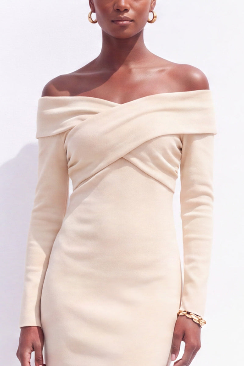 Load image into Gallery viewer, Ivory Off the Shoulder Bodycon Ruched Satin Midi Work Dress with Sleeves