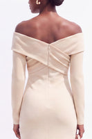Load image into Gallery viewer, Ivory Off the Shoulder Bodycon Ruched Satin Midi Work Dress with Sleeves