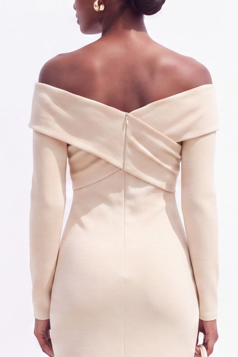 Load image into Gallery viewer, Ivory Off the Shoulder Bodycon Ruched Satin Midi Work Dress with Sleeves