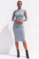 Load image into Gallery viewer, Sparkly Olive Bodycon High Neck Beaded Midi Work Dress with Sleeves