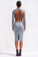 Load image into Gallery viewer, Sparkly Olive Bodycon High Neck Beaded Midi Work Dress with Sleeves