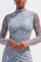 Load image into Gallery viewer, Sparkly Olive Bodycon High Neck Beaded Midi Work Dress with Sleeves