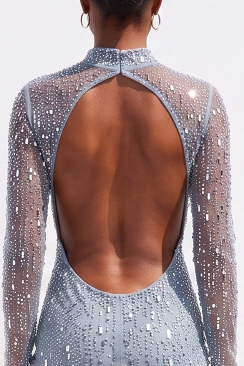 Load image into Gallery viewer, Sparkly Olive Bodycon High Neck Beaded Midi Work Dress with Sleeves