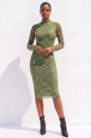 Load image into Gallery viewer, Sparkly Olive Bodycon High Neck Beaded Midi Work Dress with Sleeves