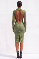 Load image into Gallery viewer, Sparkly Olive Bodycon High Neck Beaded Midi Work Dress with Sleeves