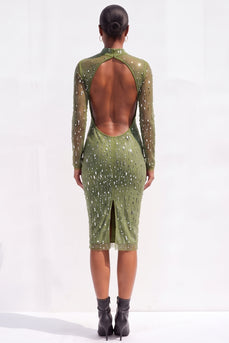 Sparkly Olive Bodycon High Neck Beaded Midi Work Dress with Sleeves