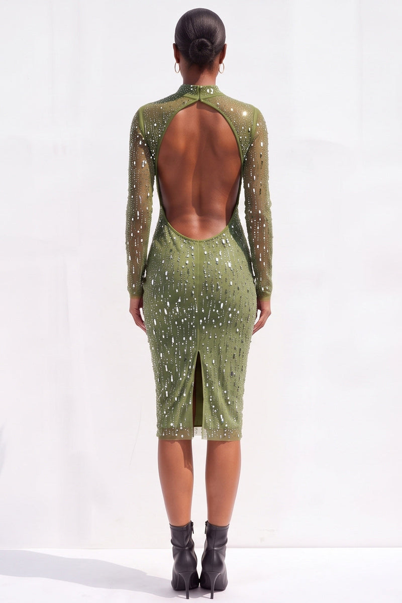Load image into Gallery viewer, Sparkly Olive Bodycon High Neck Beaded Midi Work Dress with Sleeves
