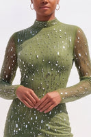 Load image into Gallery viewer, Sparkly Olive Bodycon High Neck Beaded Midi Work Dress with Sleeves