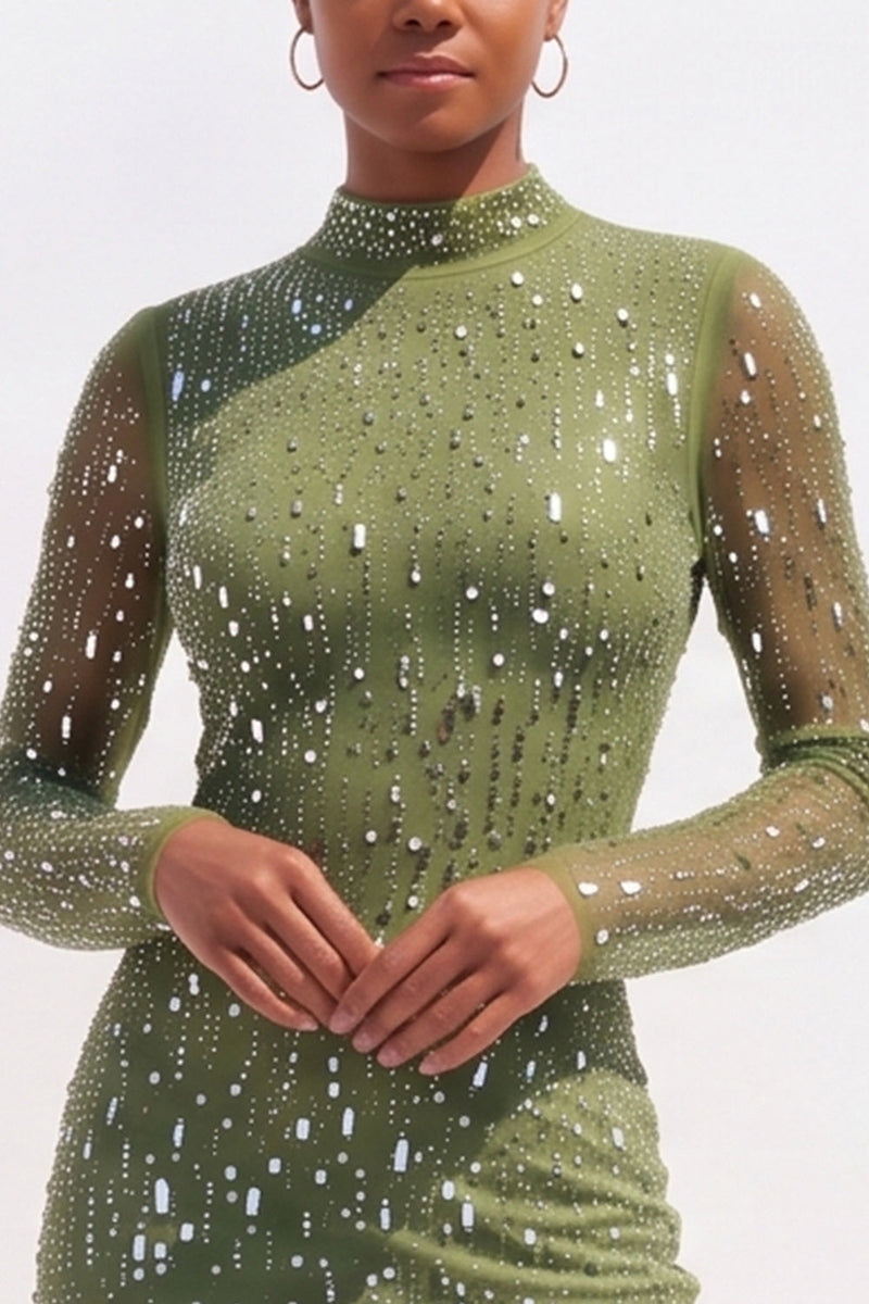 Load image into Gallery viewer, Sparkly Olive Bodycon High Neck Beaded Midi Work Dress with Sleeves