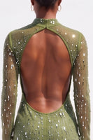 Load image into Gallery viewer, Sparkly Olive Bodycon High Neck Beaded Midi Work Dress with Sleeves