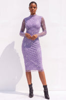 Load image into Gallery viewer, Sparkly Olive Bodycon High Neck Beaded Midi Work Dress with Sleeves