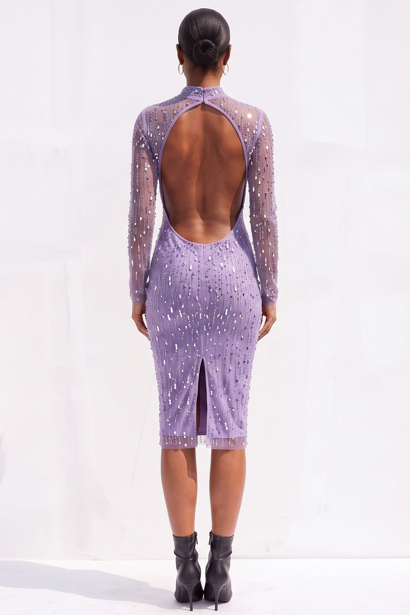 Load image into Gallery viewer, Sparkly Olive Bodycon High Neck Beaded Midi Work Dress with Sleeves