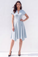 Load image into Gallery viewer, Light Blue Satin A-Line V-Neck Midi Work Dress with Sleeves