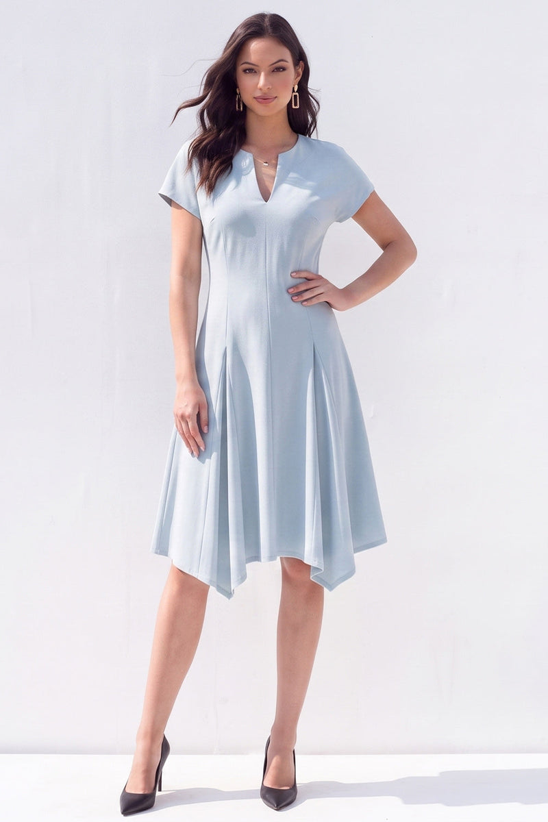 Load image into Gallery viewer, Light Blue Satin A-Line V-Neck Midi Work Dress with Sleeves