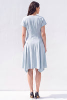 Load image into Gallery viewer, Light Blue Satin A-Line V-Neck Midi Work Dress with Sleeves