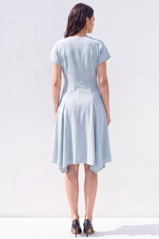 Light Blue Satin A-Line V-Neck Midi Work Dress with Sleeves