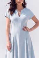 Load image into Gallery viewer, Light Blue Satin A-Line V-Neck Midi Work Dress with Sleeves