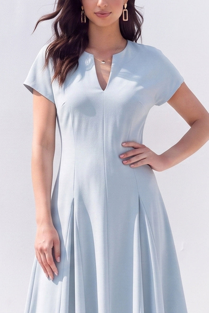 Load image into Gallery viewer, Light Blue Satin A-Line V-Neck Midi Work Dress with Sleeves