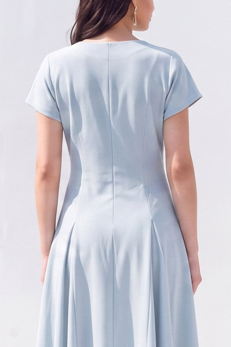 Load image into Gallery viewer, Light Blue Satin A-Line V-Neck Midi Work Dress with Sleeves